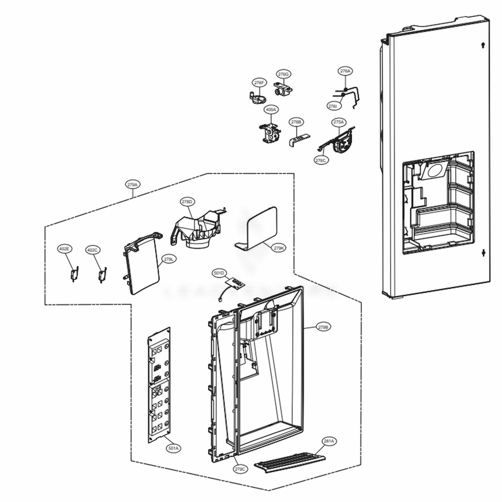 Dispenser Parts Diagram and Parts List for LMXC23746S ASTCNA1 LG Refrigerator