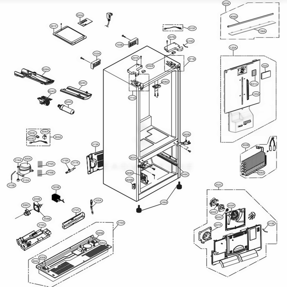 Case Parts Diagram and Parts List for LFXC22526D ASBCNA2 LG Refrigerator