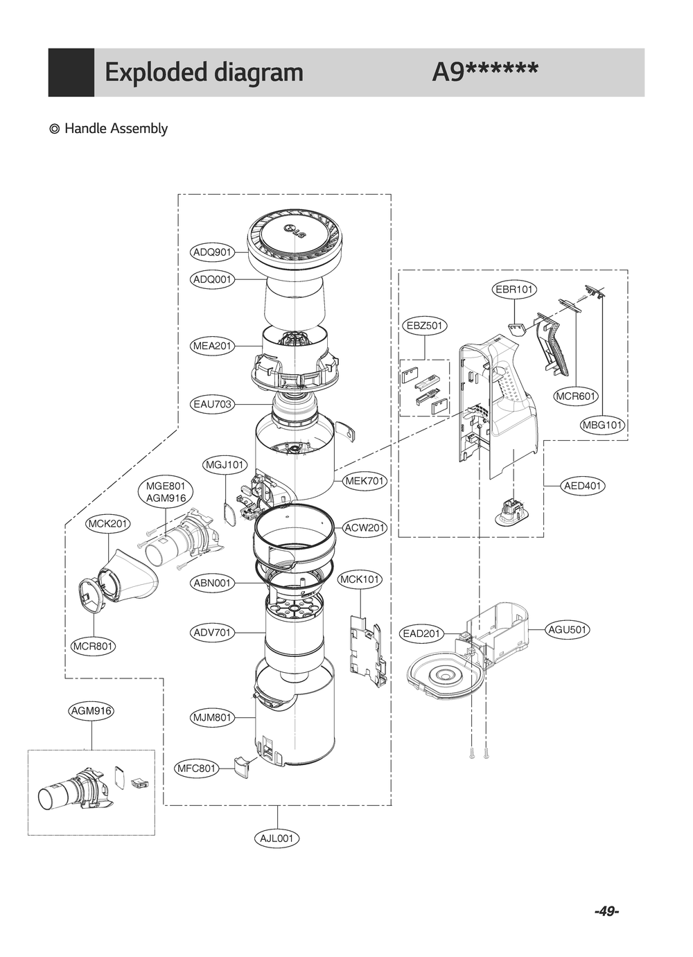 Handle Assembly Diagram and Parts List for VS9714NBSWH CIGELGA LG Canister Vacuum