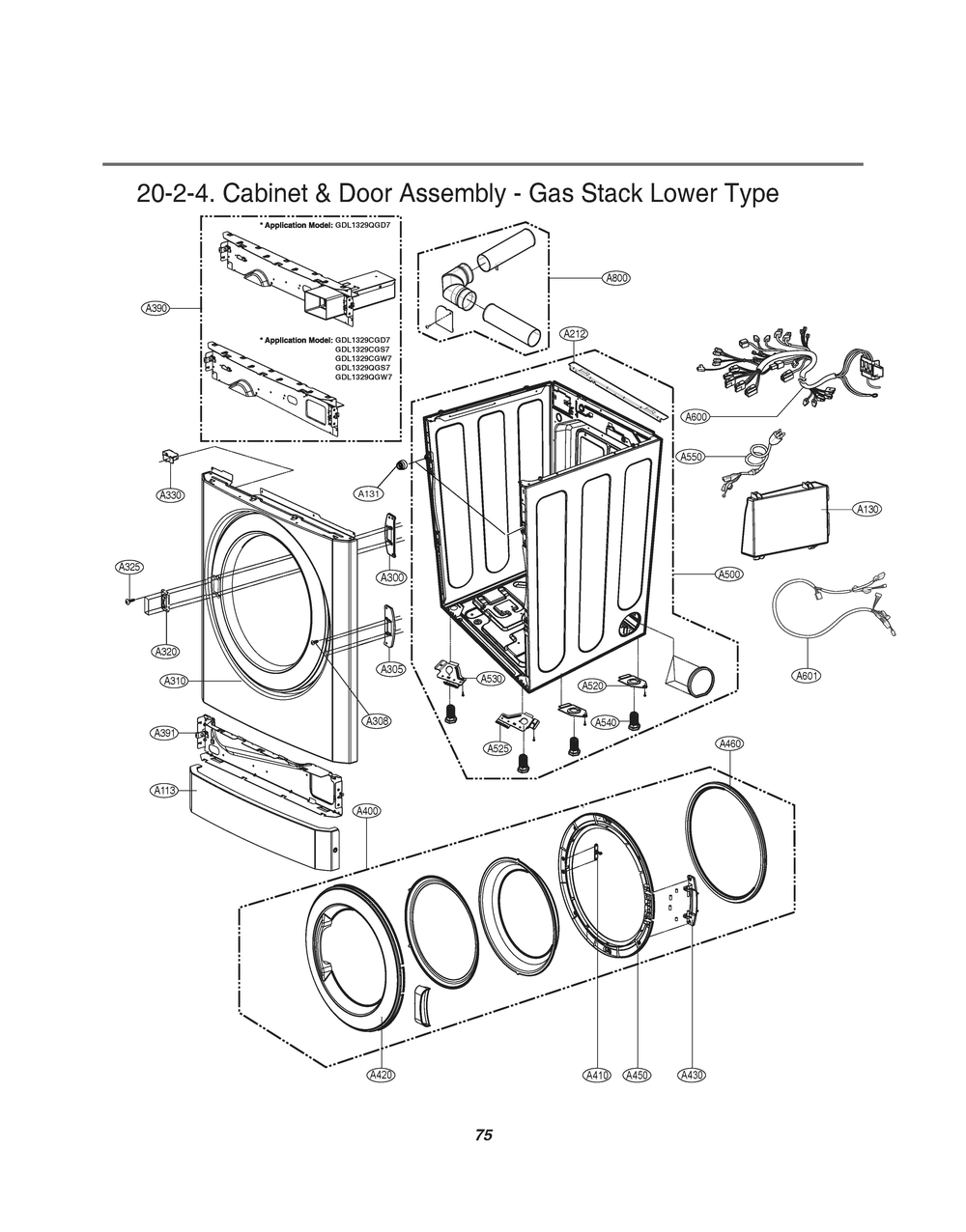 Cabinet And Door Assembly Diagram and Parts List for GDL1329CGD7 ASSEELC LG Dryer