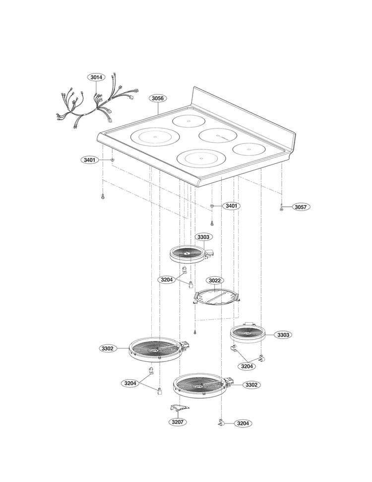 Cooktop Assembly Parts Diagram and Parts List for LRE3085ST  LG Range