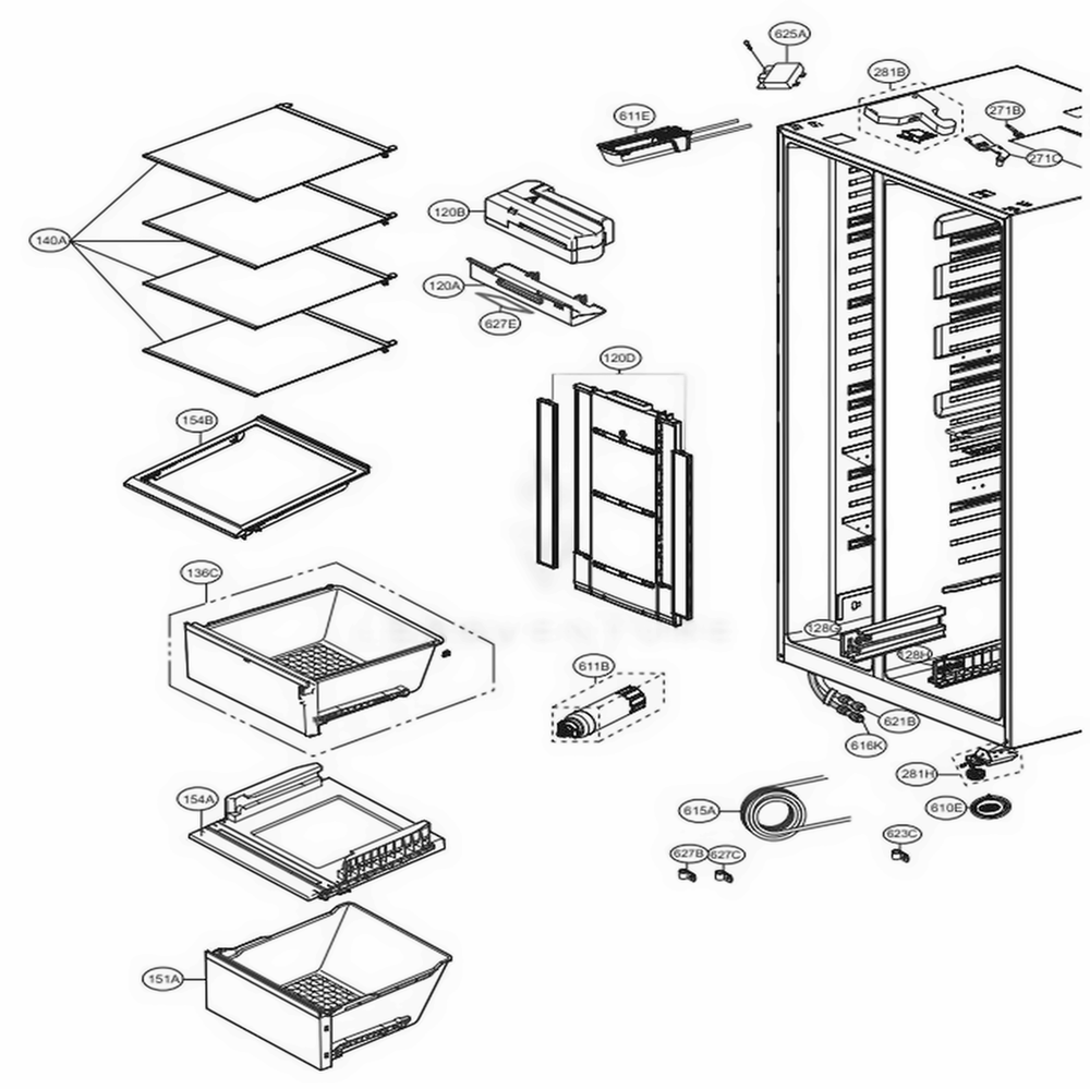 Refrigerator Compartment Diagram and Parts List for 51869 AWBCSE2 LG Refrigerator