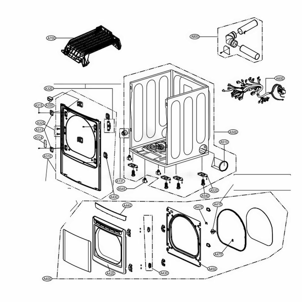 Cabinet And Door Assembly Diagram and Parts List for DLEY1701W ABWEEUS LG Dryer