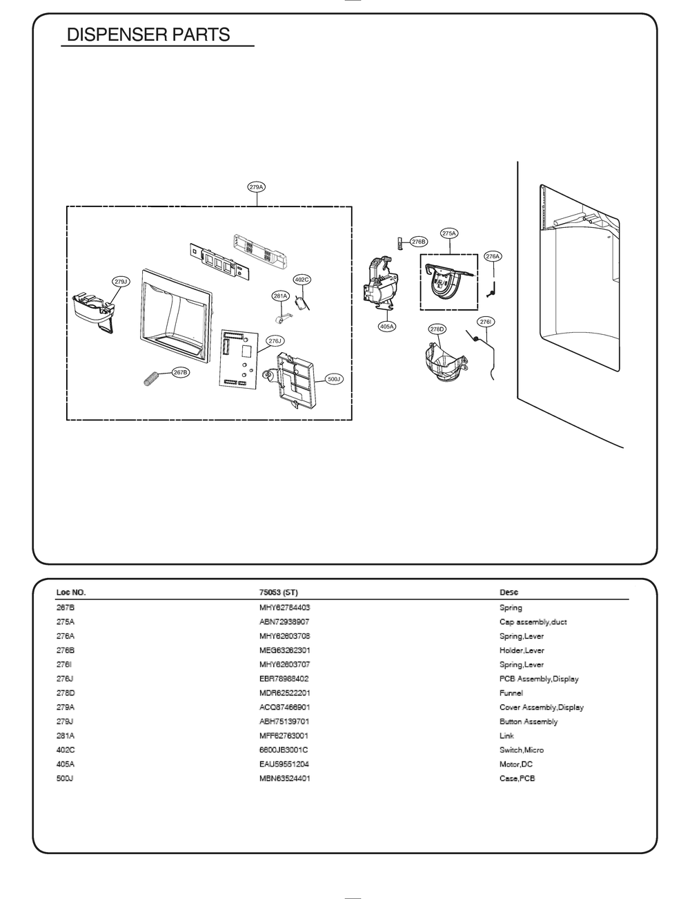 Dispenser Parts Diagram and Parts List for GR-J268WSTM ASTCSE0 LG Refrigerator