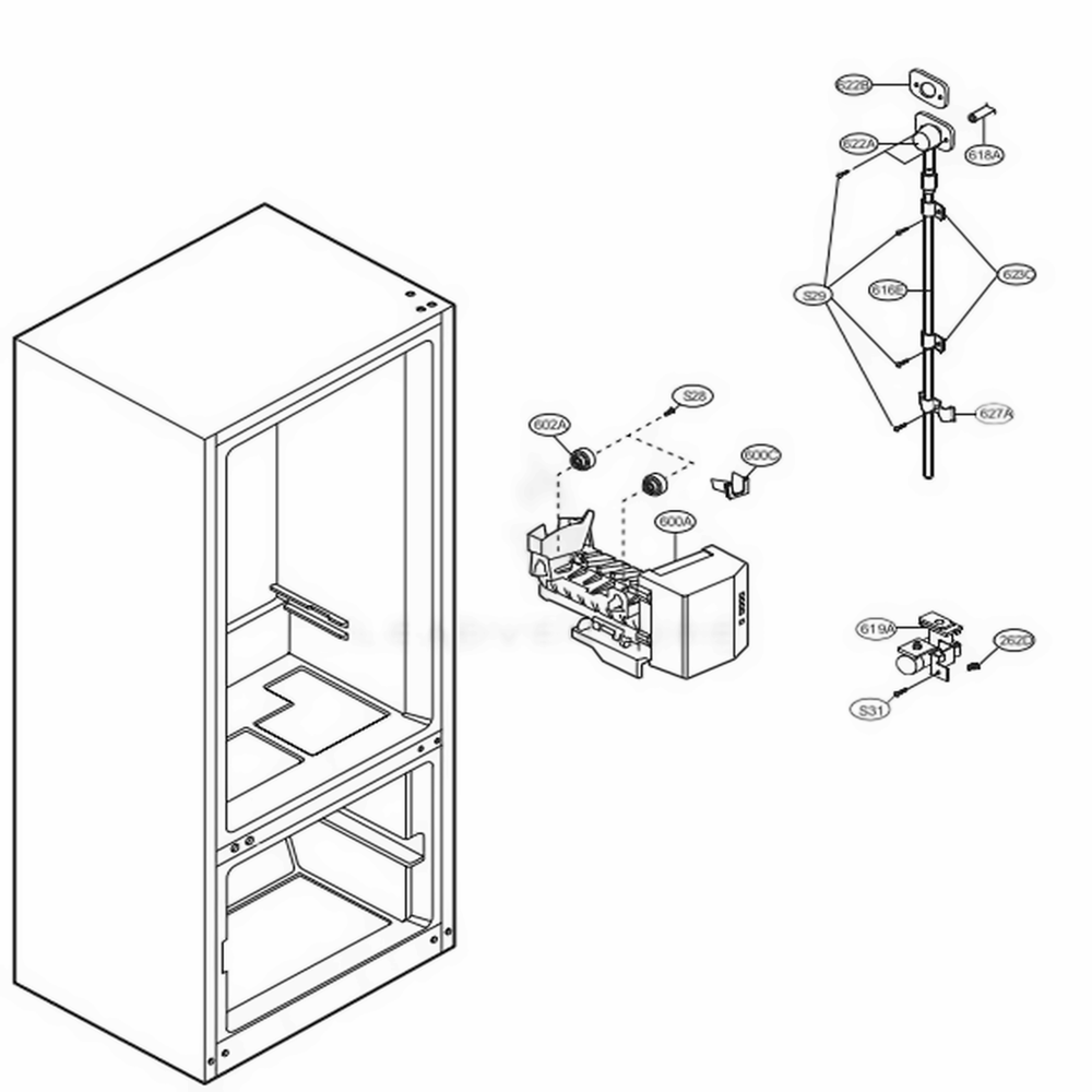 Ice Maker Parts Diagram and Parts List for 75099 AWBCSEF LG Refrigerator