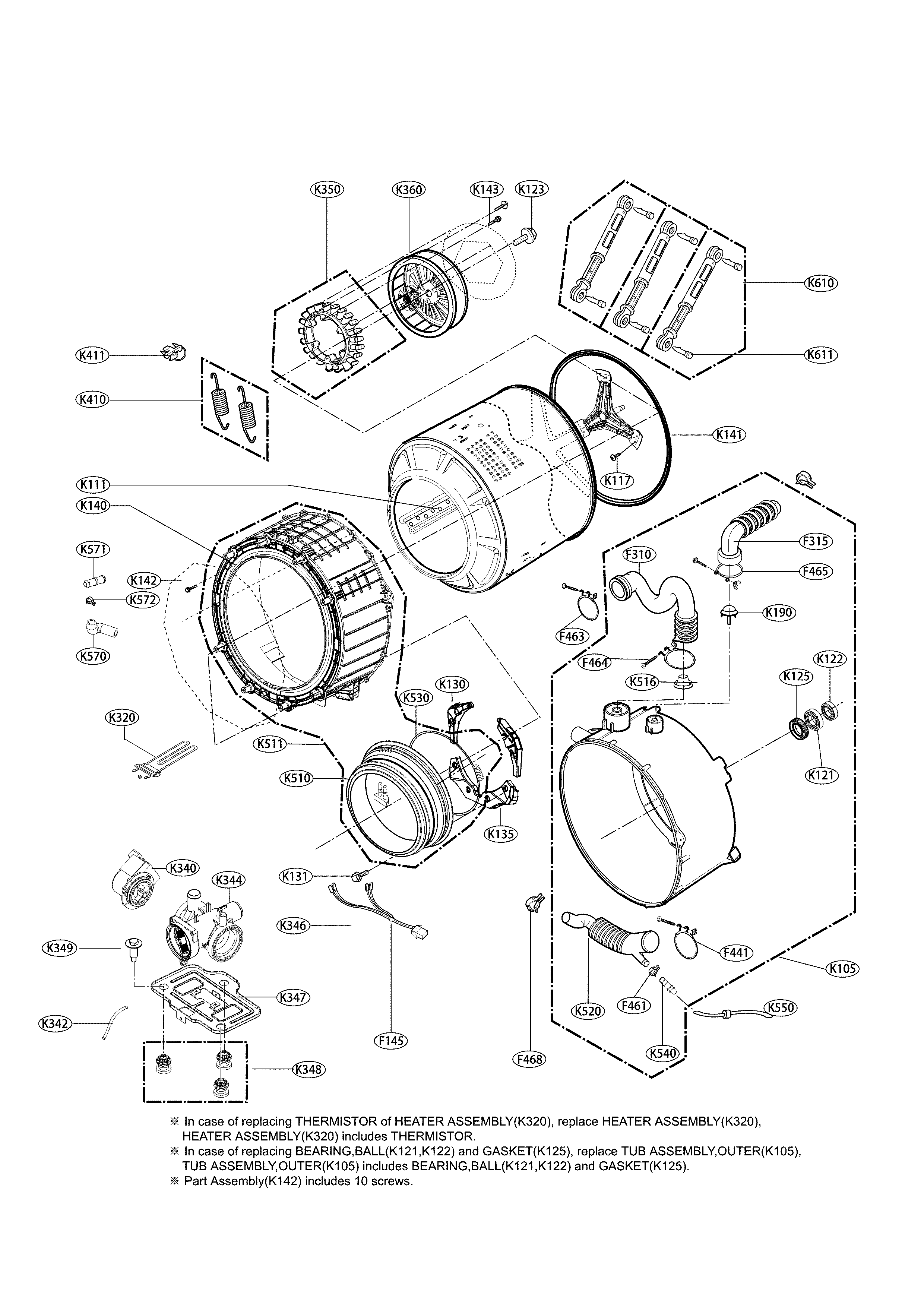 Drum And Tub Parts Diagram and Parts List for 79641262610  Kenmore Washer