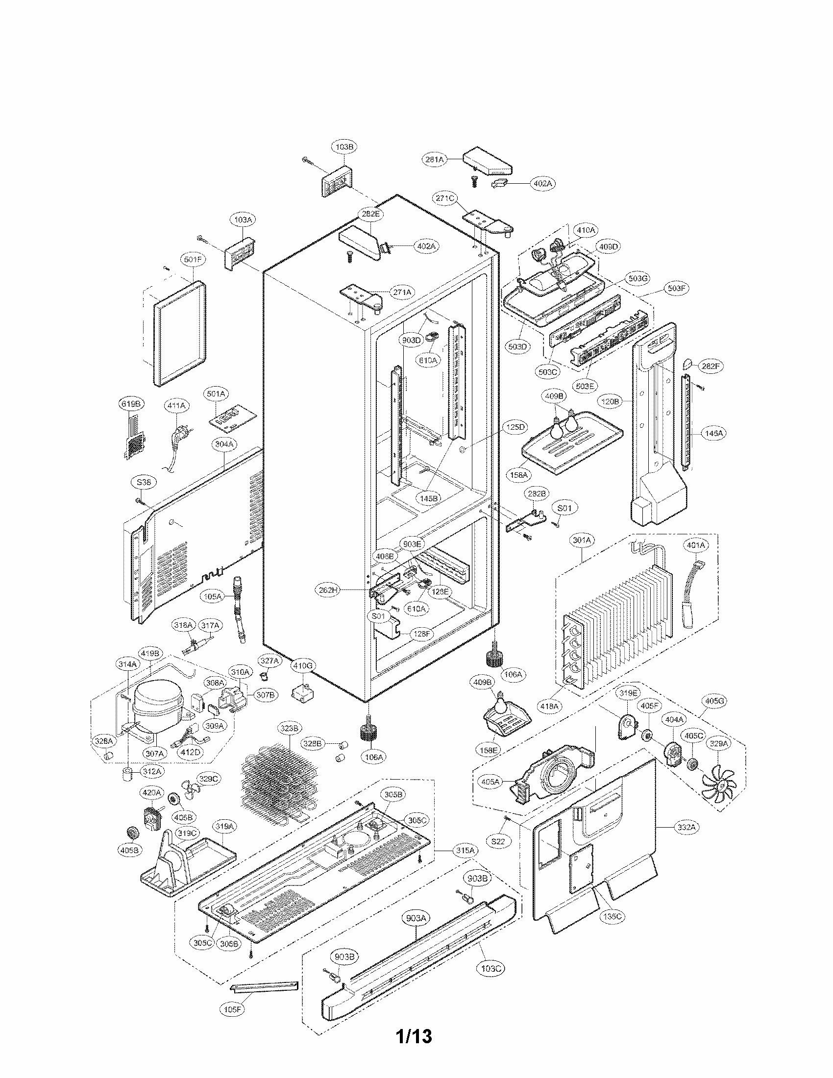 Case Parts Diagram and Parts List for 79577304601  Kenmore Refrigerator