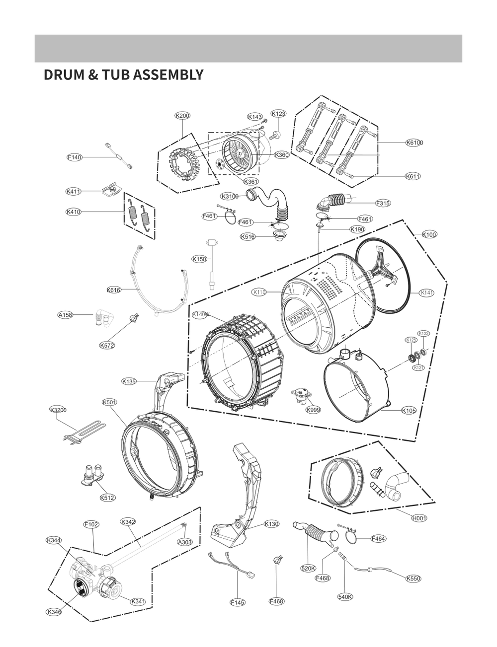 Drum And Tub Assembly Diagram and Parts List for WM6900HBA ABLEEUS LG Washer
