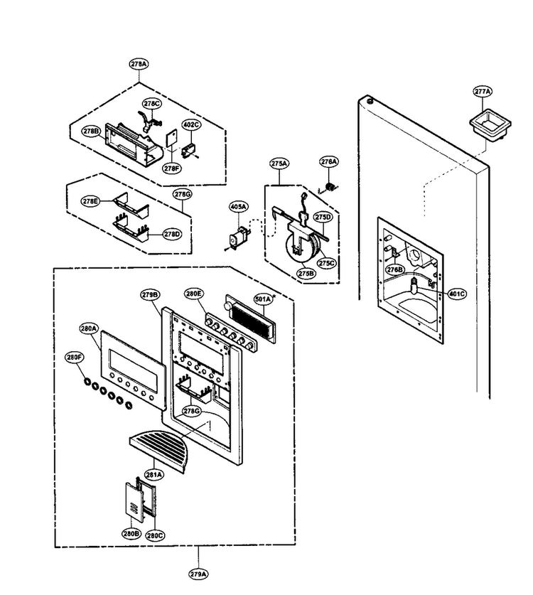 Dispenser Parts Diagram and Parts List for LRSCS21935SB  LG Refrigerator