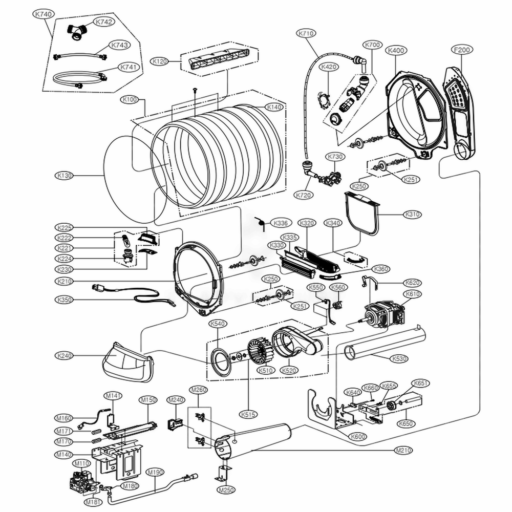 Drum And Motor Assembly: Gas Type Diagram and Parts List for DLGY1902KE ABSEEUS LG Dryer