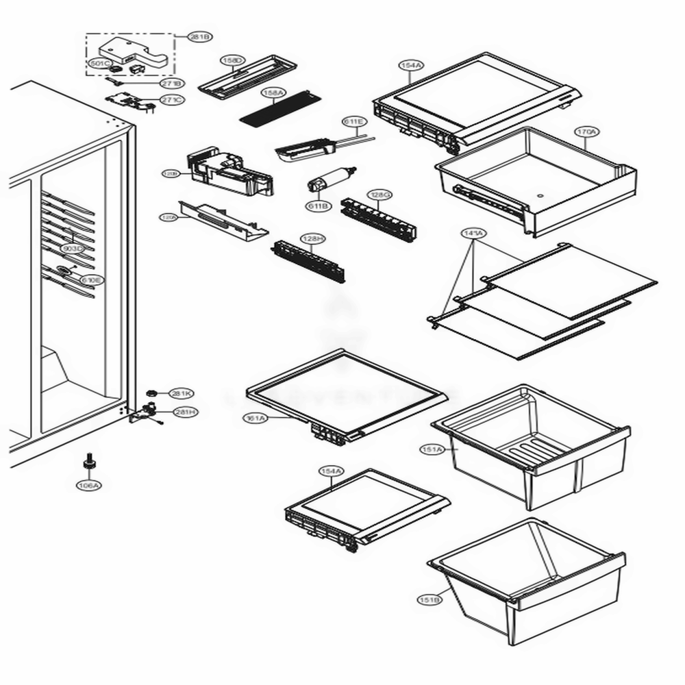 Refrigerator Compartment Diagram and Parts List for LSXS22423B AWBCNA1 LG Refrigerator