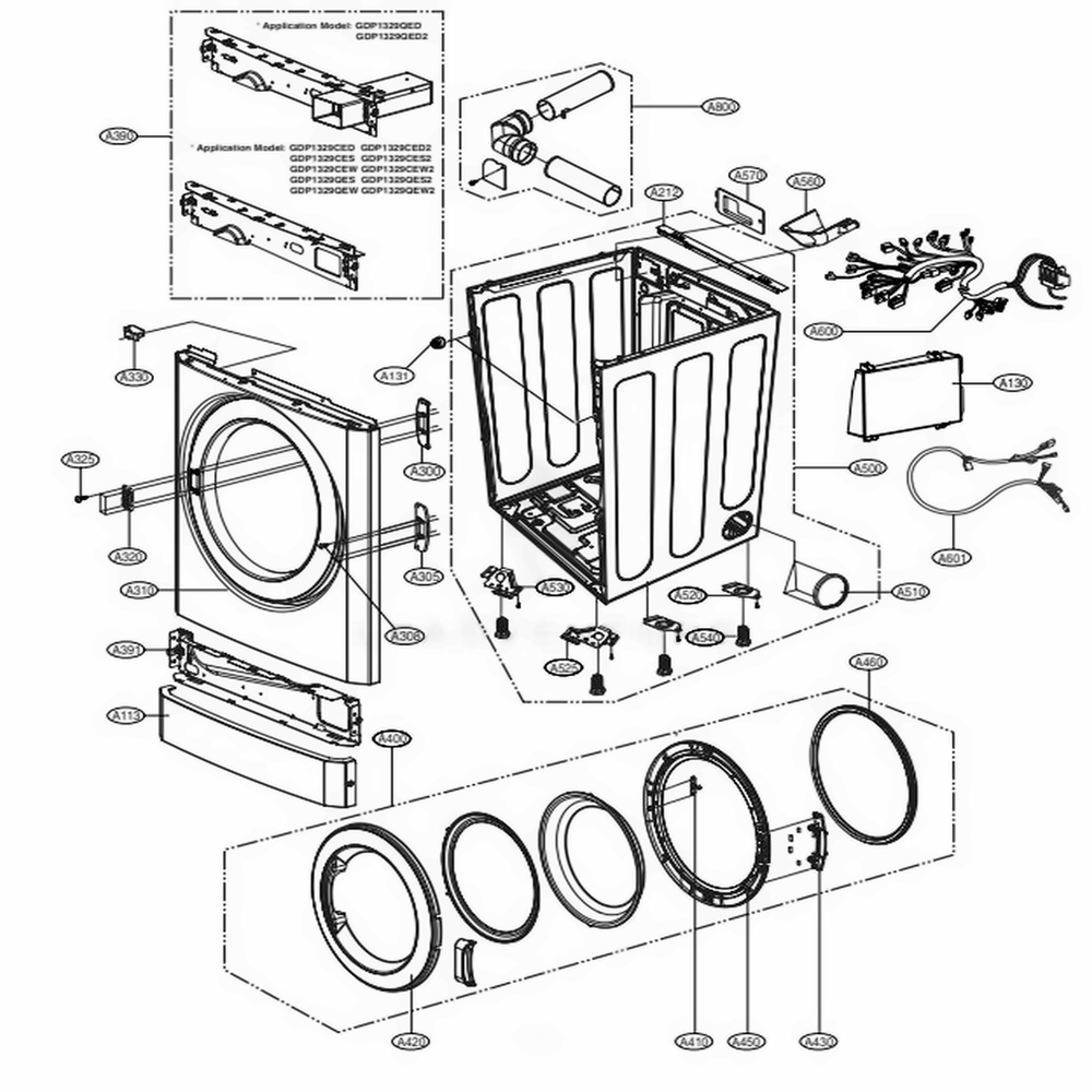 Cabinet And Door Assembly Diagram and Parts List for GDP1329CGD2 ASSEELC LG Dryer