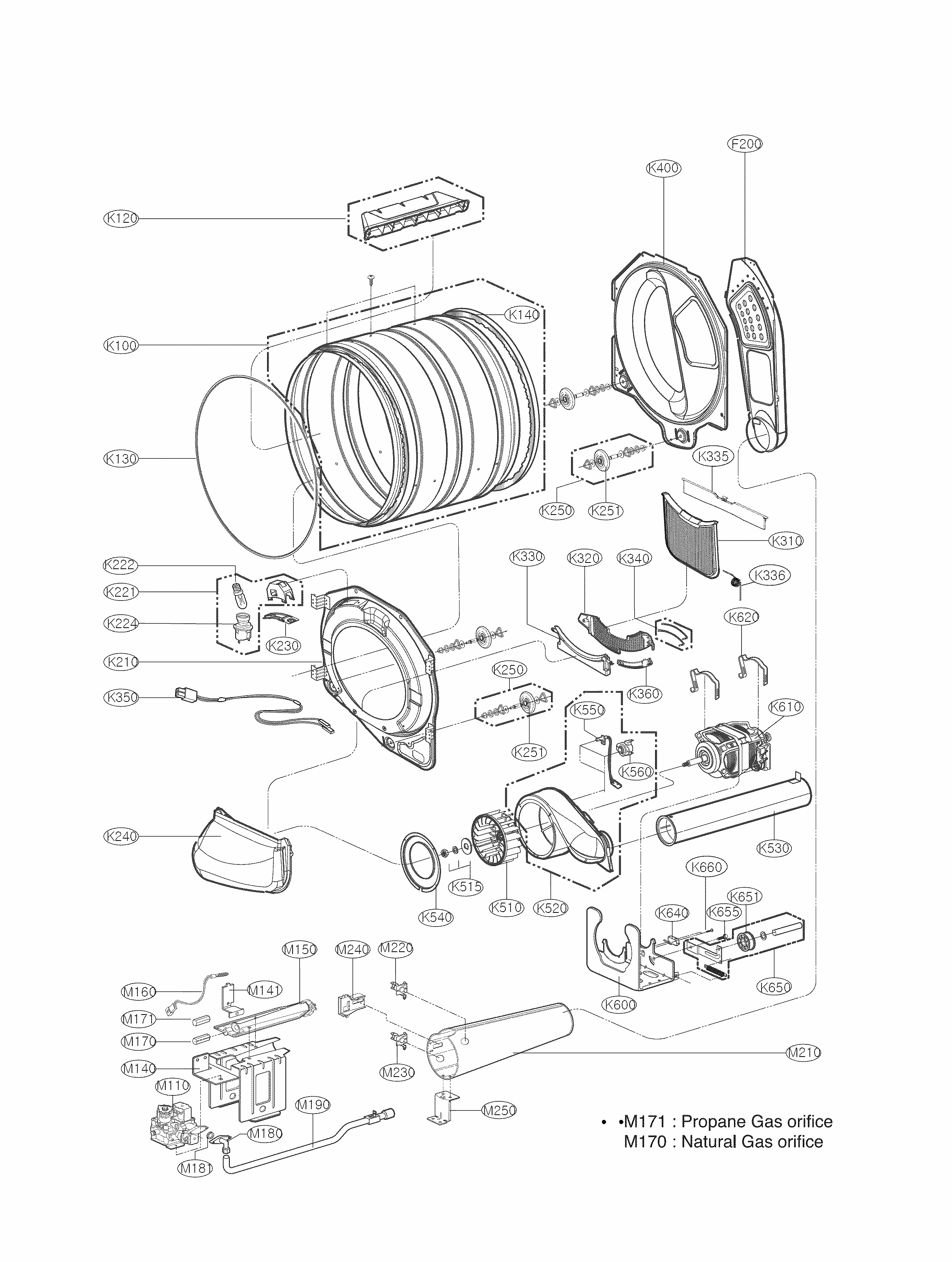 Drum And Motor Parts Diagram and Parts List for 79691172210  Kenmore Dryer