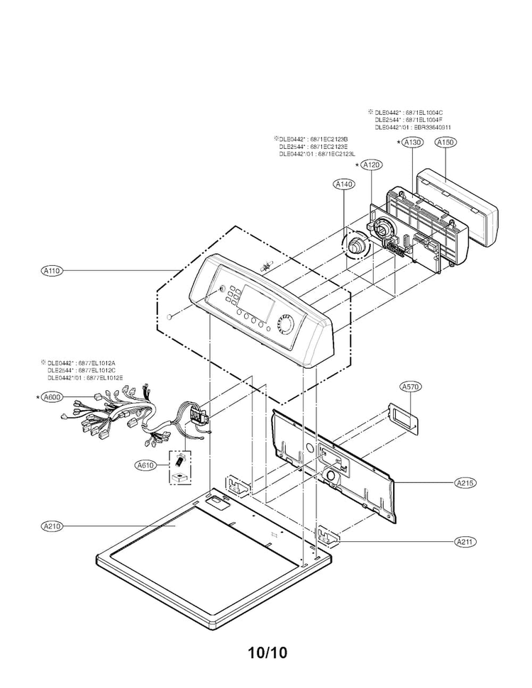Control Panel Assembly Parts Diagram and Parts List for DLE0442W01  LG Dryer