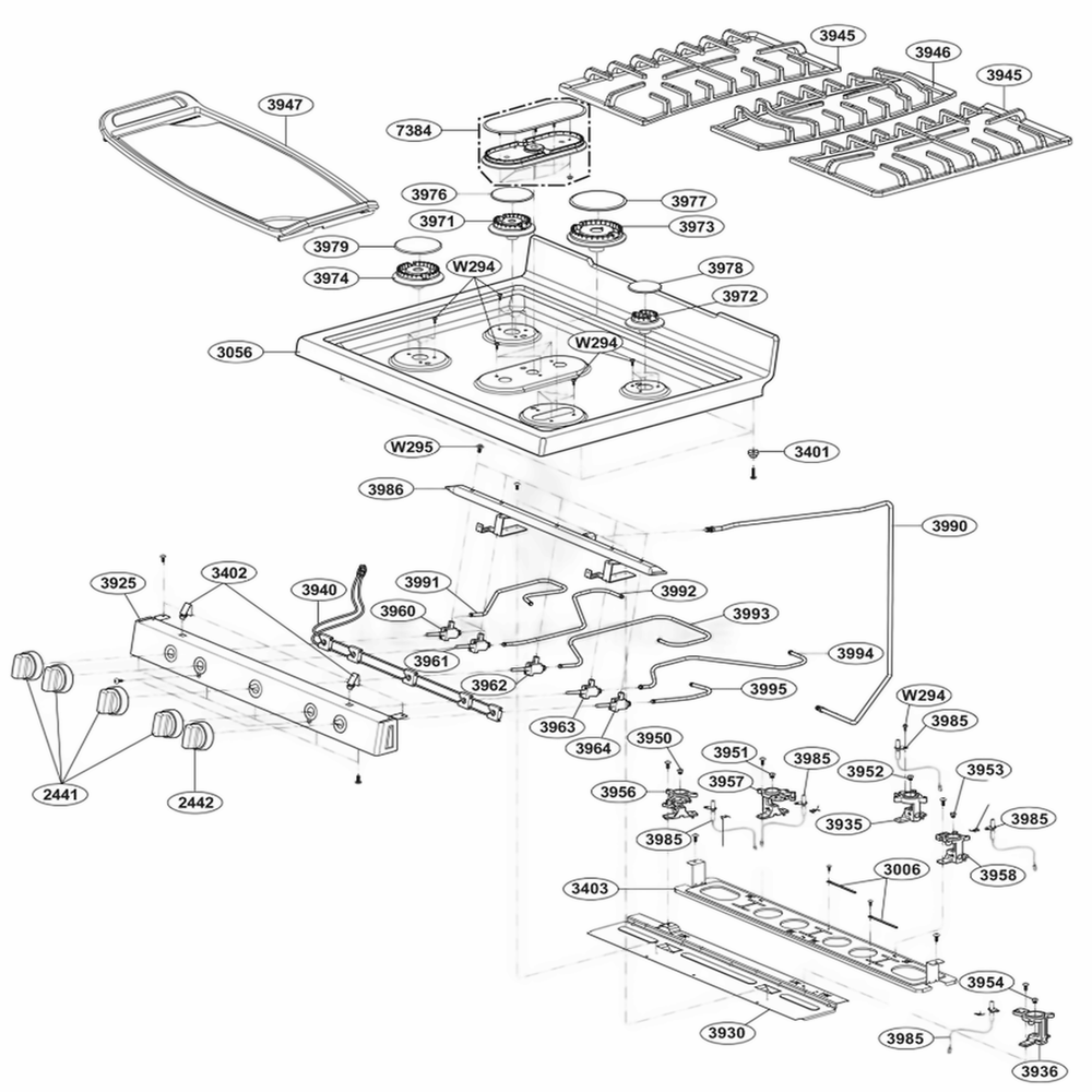 Cooktop Parts Diagram and Parts List for LRG3095SW FW2ELGA LG Range