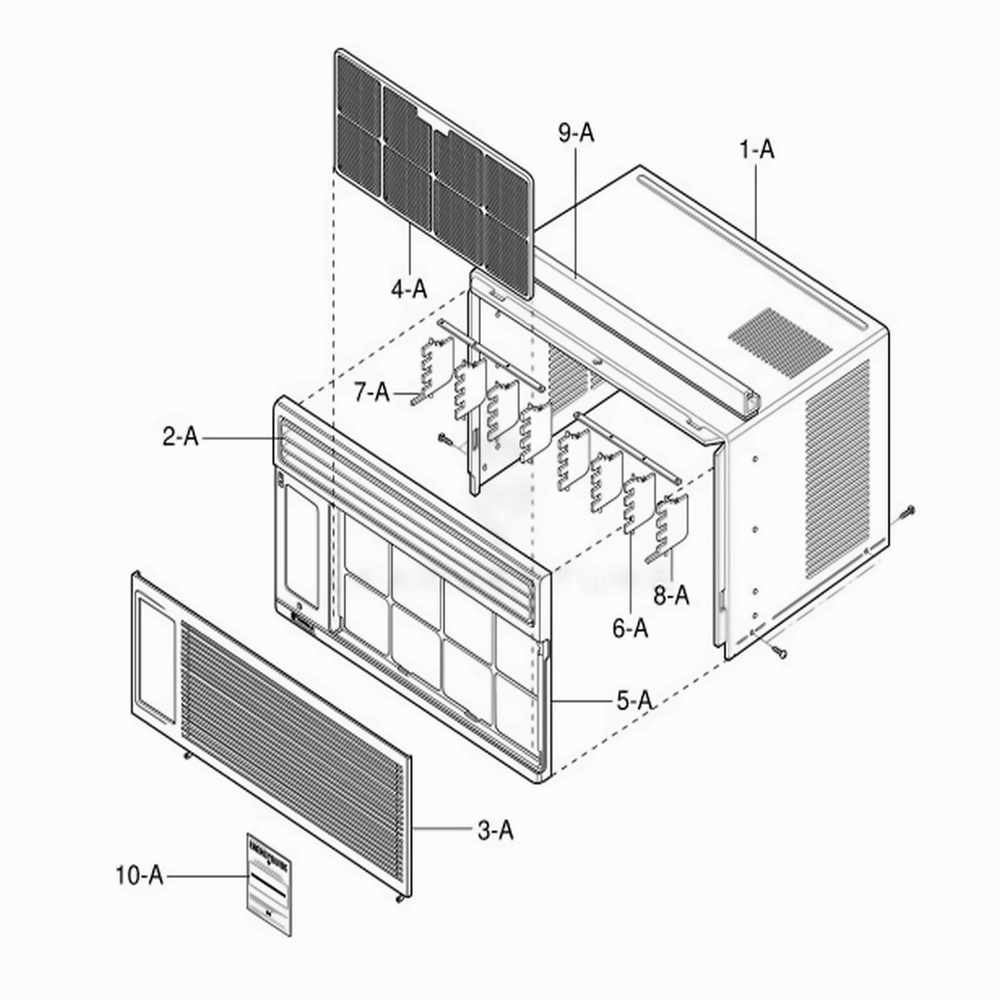 Cabinet And Front Grille Assembly Diagram and Parts List for 580 AWYASRU LG Air Conditioner