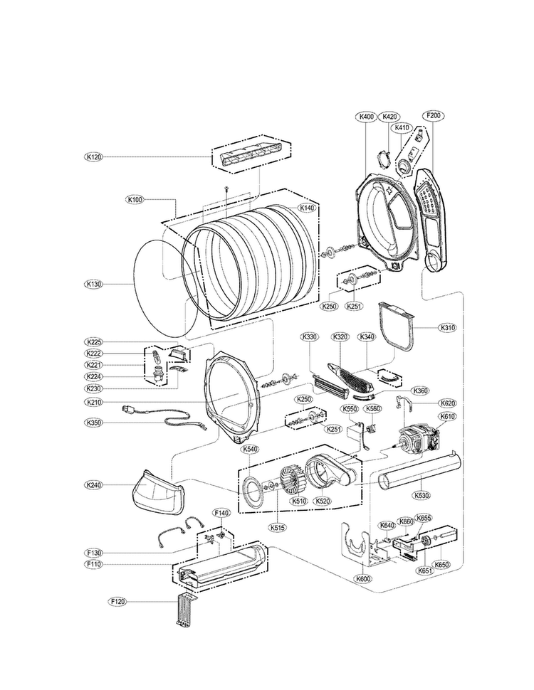 Drum And Motor Assembly Parts Diagram and Parts List for DLEX6001W  LG Dryer