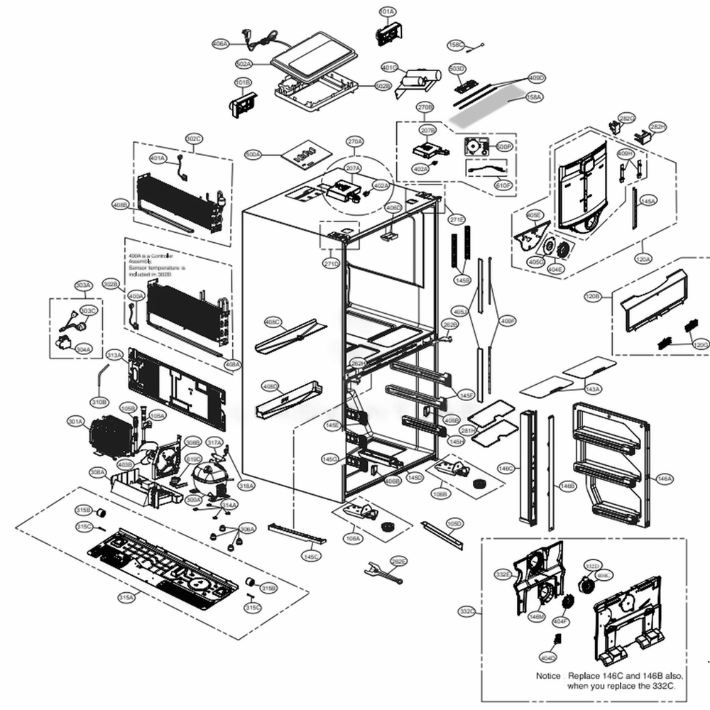 Case Parts Diagram and Parts List for LPXS30886D ASBCNA0 LG Refrigerator
