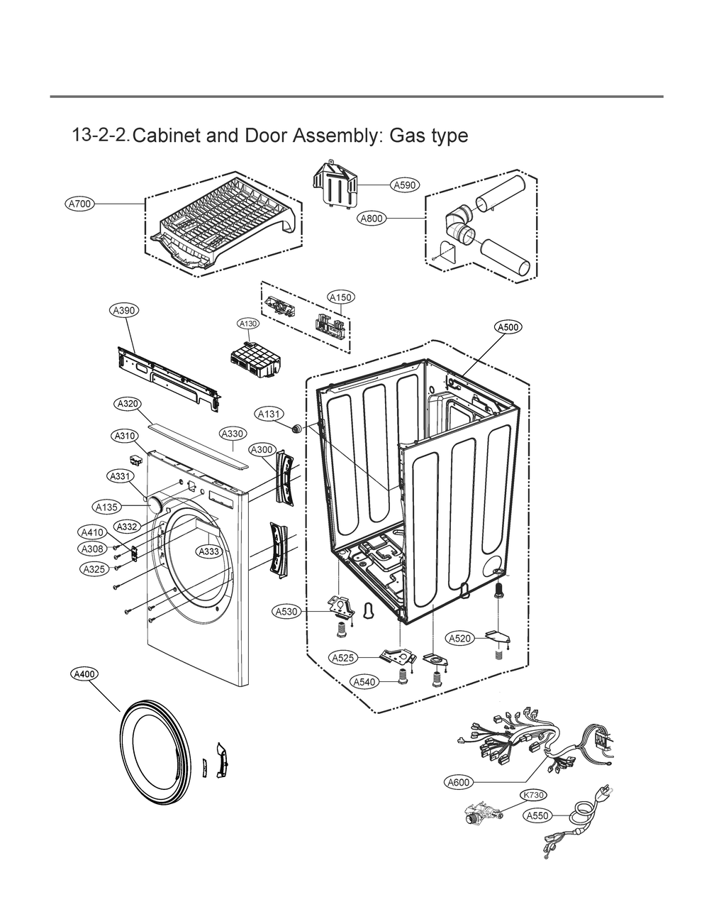 Cabinet And Door Assembly Diagram and Parts List for DLGX6701B ABLEEUS LG Dryer