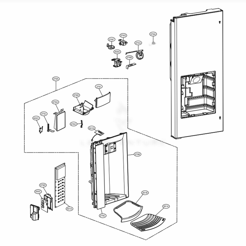 Dispenser Parts Diagram and Parts List for LFX25973ST ASTCNA4 LG Refrigerator