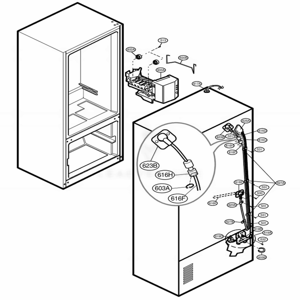 Ice Maker Parts Diagram and Parts List for 78713 AST1SER LG Refrigerator