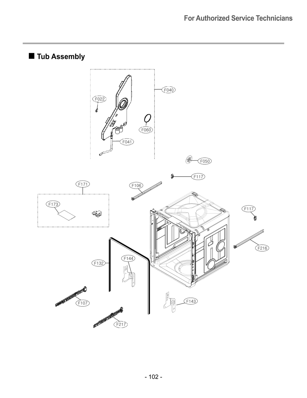 Tub Assembly Diagram and Parts List for DUAG27HN ASTESNA LG Dishwasher