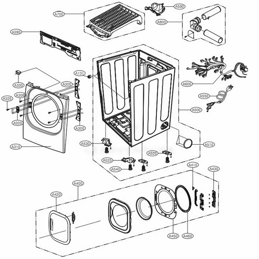 Cabinet And Door Assembly Diagram and Parts List for LSDG389VS ASSEEUS LG Dryer