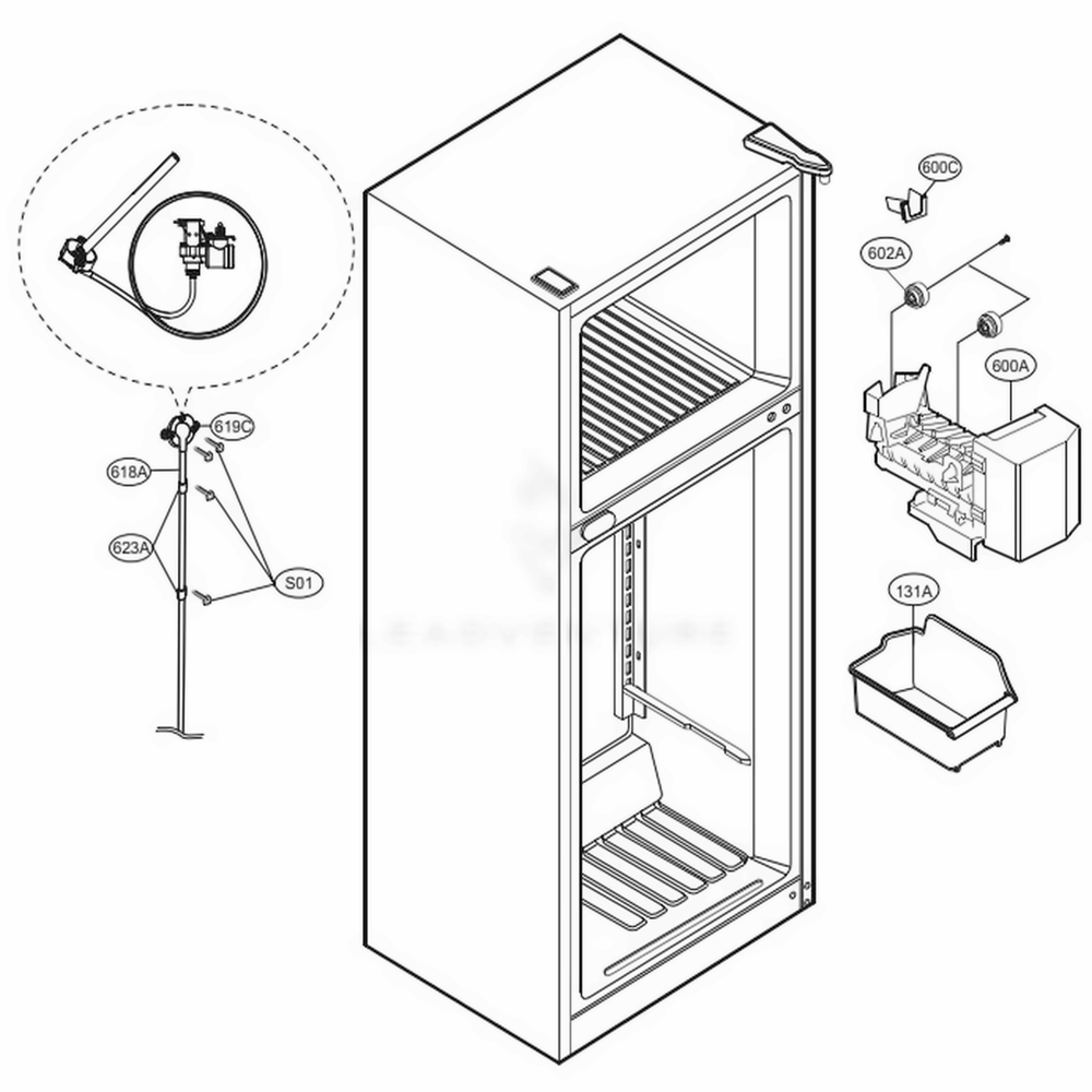 Ice Maker Parts Diagram and Parts List for LTCS24223S ASTCNA1 LG Refrigerator