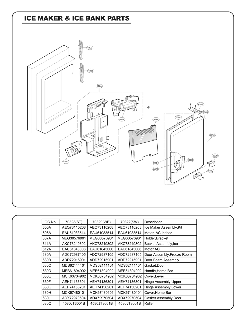 Ice Maker And Ice Bin Parts Diagram and Parts List for GC-L258VQXD AWBCSE2 LG Refrigerator