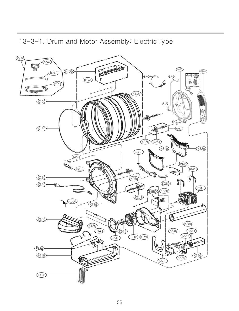 Drum And Motor Assembly Diagram and Parts List for RV13B2AS ABWEEUS LG Dryer