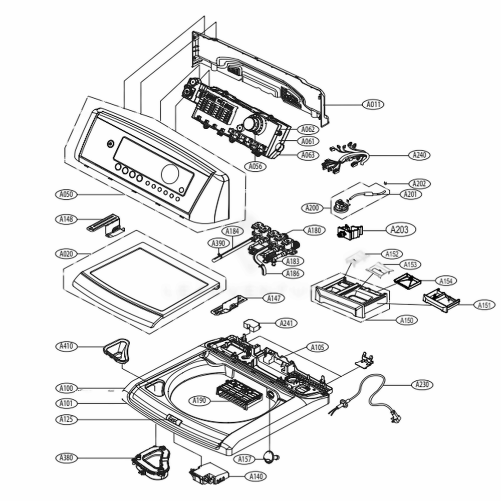 Top Cover Assembly Diagram and Parts List for WT5070CV ASSEPUS LG Washer