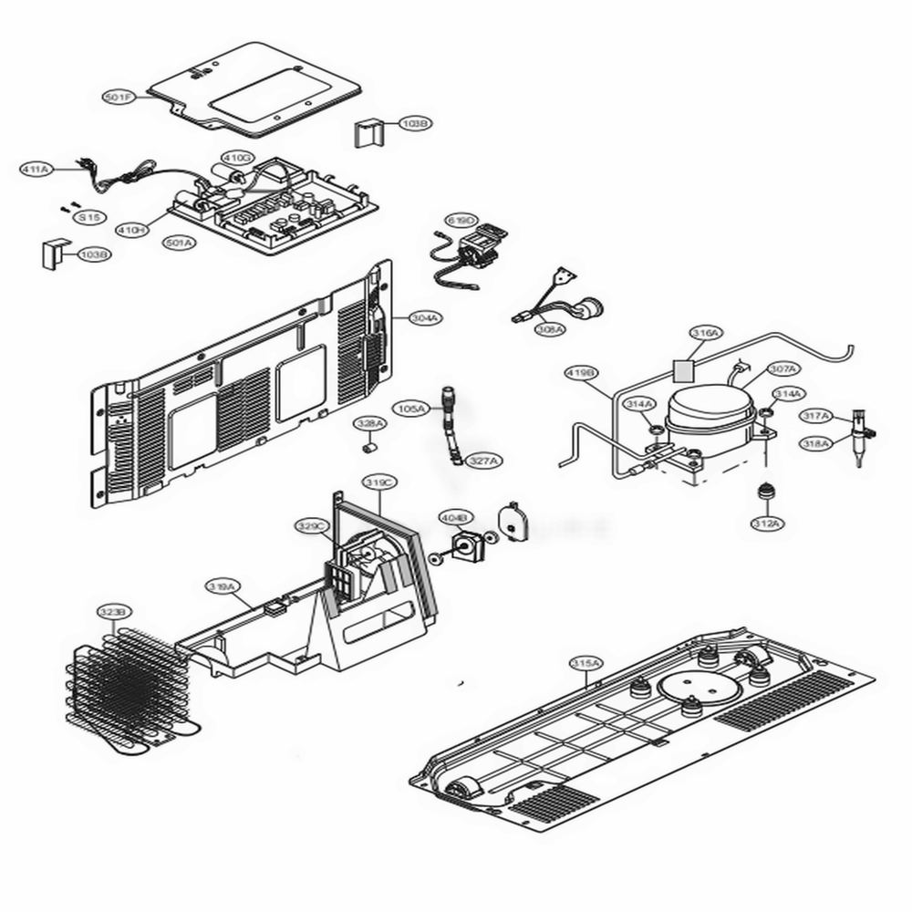 Mechanical Compartment Diagram and Parts List for LSXS22423B AWBCNA1 LG Refrigerator