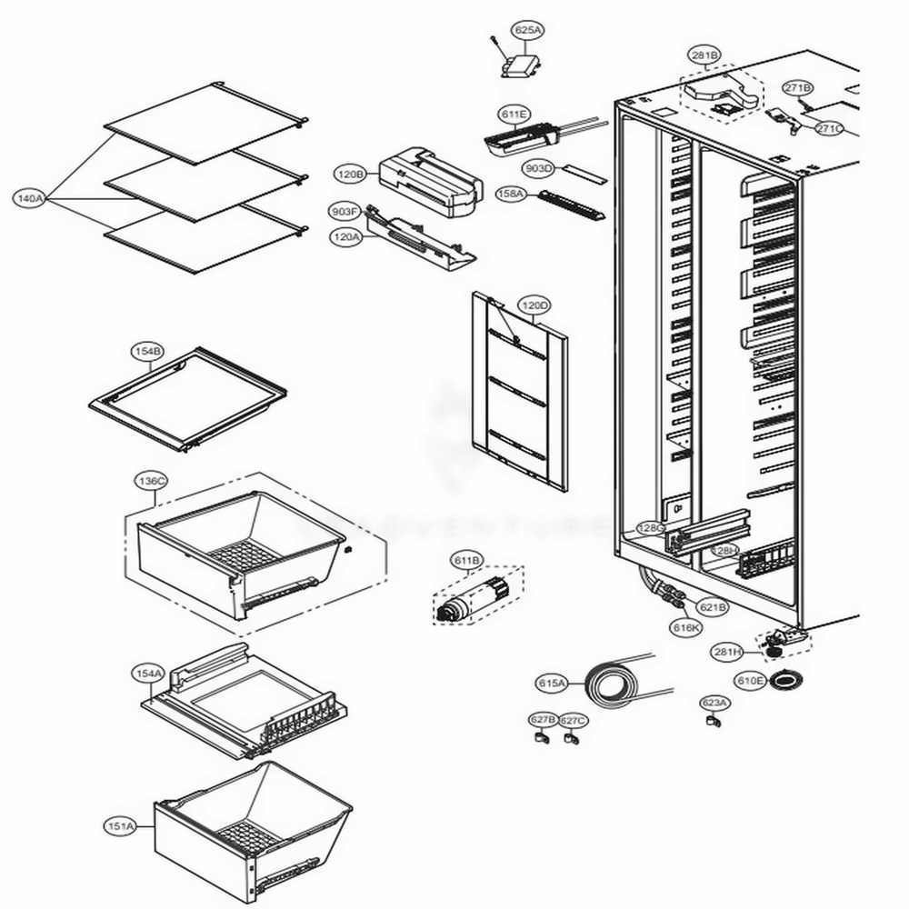 Refrigerator Compartment Diagram and Parts List for LSXS26336D ASBCNA0 LG Refrigerator