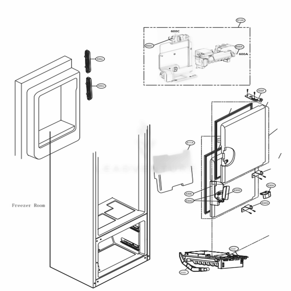 Ice Maker And Ice Bin Parts Diagram and Parts List for LFXS26566S ASTCNA0 LG Refrigerator