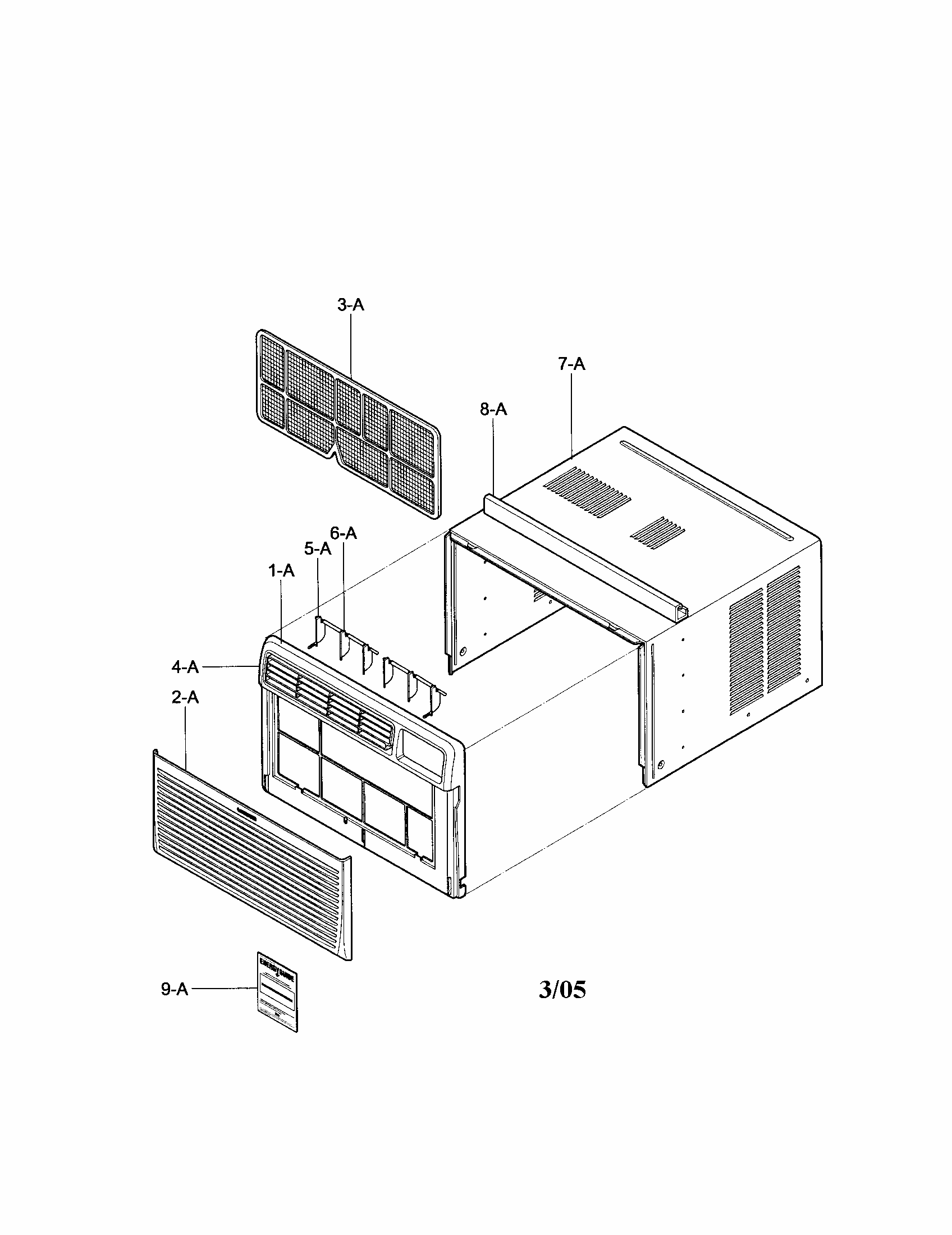 Cabinet/front Grille Assembly Diagram and Parts List for 58075100500  Kenmore Air Conditioner