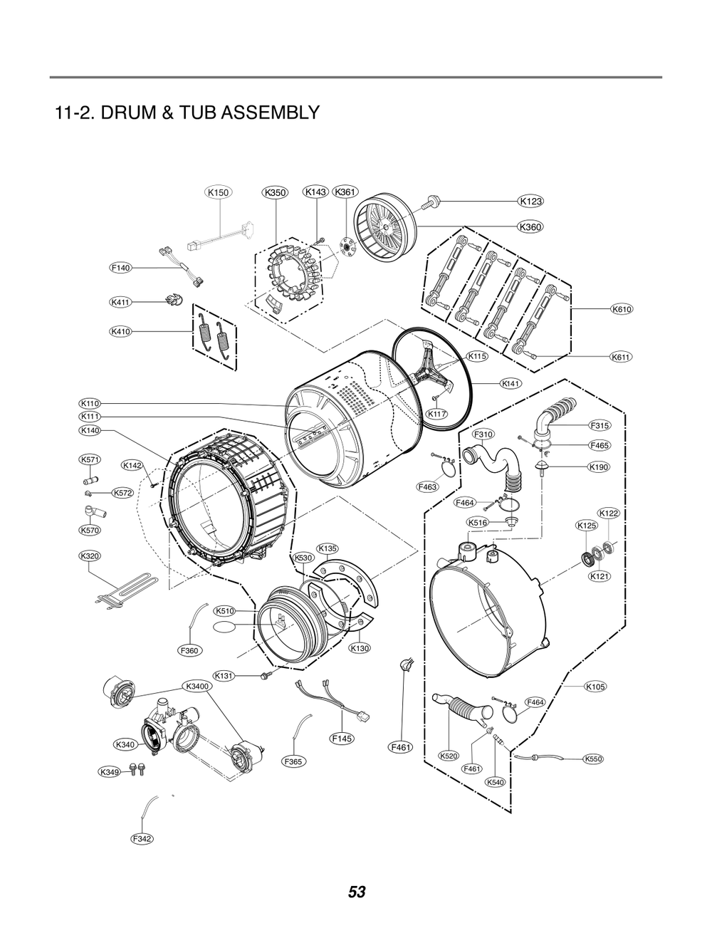 Drum And Tub Assembly Diagram and Parts List for TCWM2013CS3 ASSEELC LG Washer