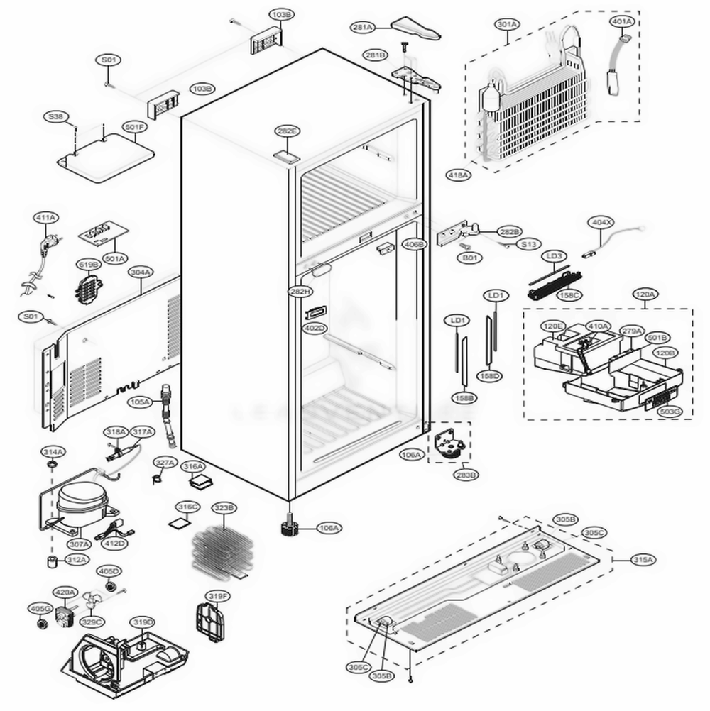 Case Parts Diagram and Parts List for 68032 ASWCSE2 LG Refrigerator