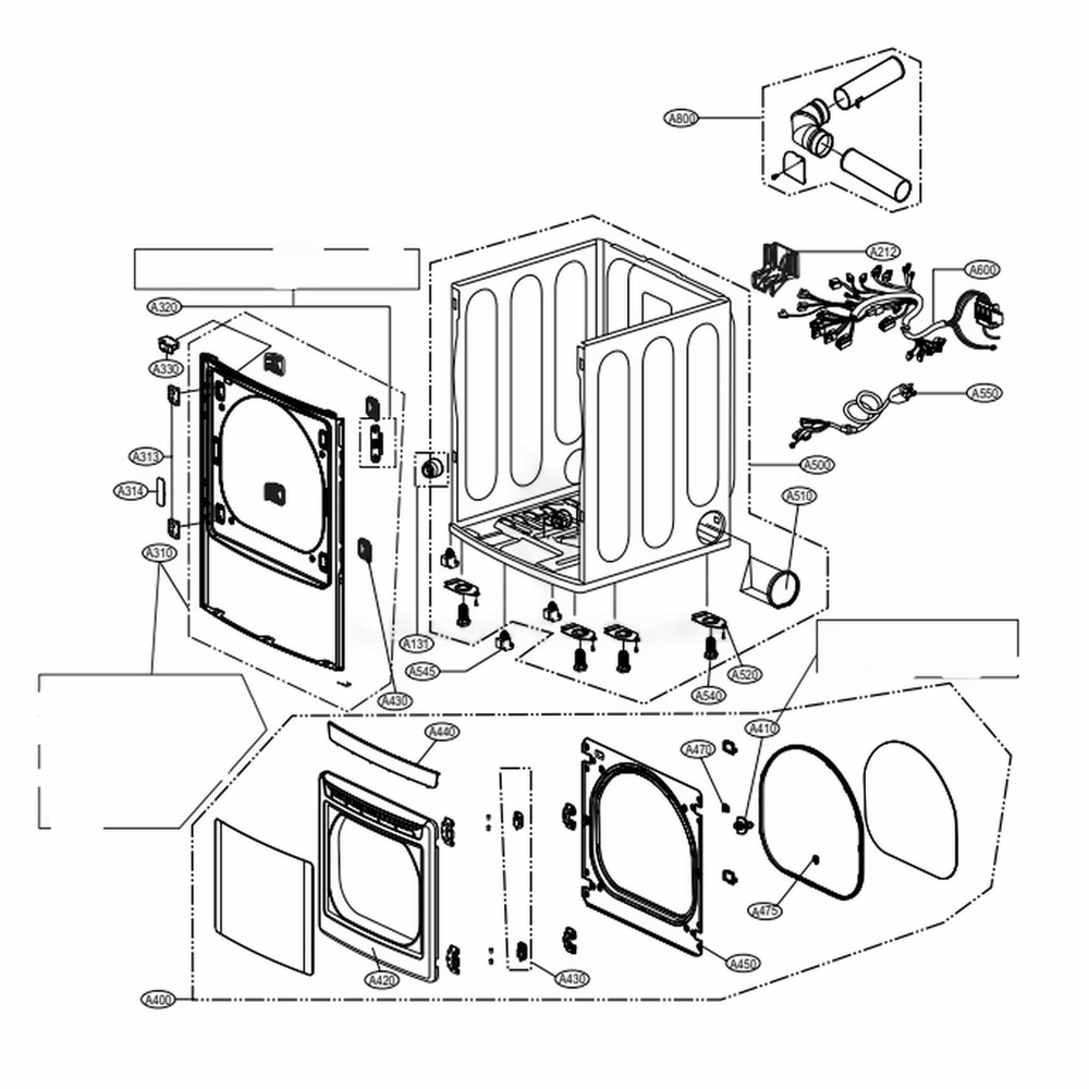 Cabinet And Door Assembly Diagram and Parts List for DLG1002W ABWEEUS LG Dryer