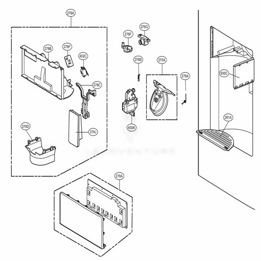Dispenser Parts Diagram and Parts List for 73059 AWBCSE1 LG Refrigerator