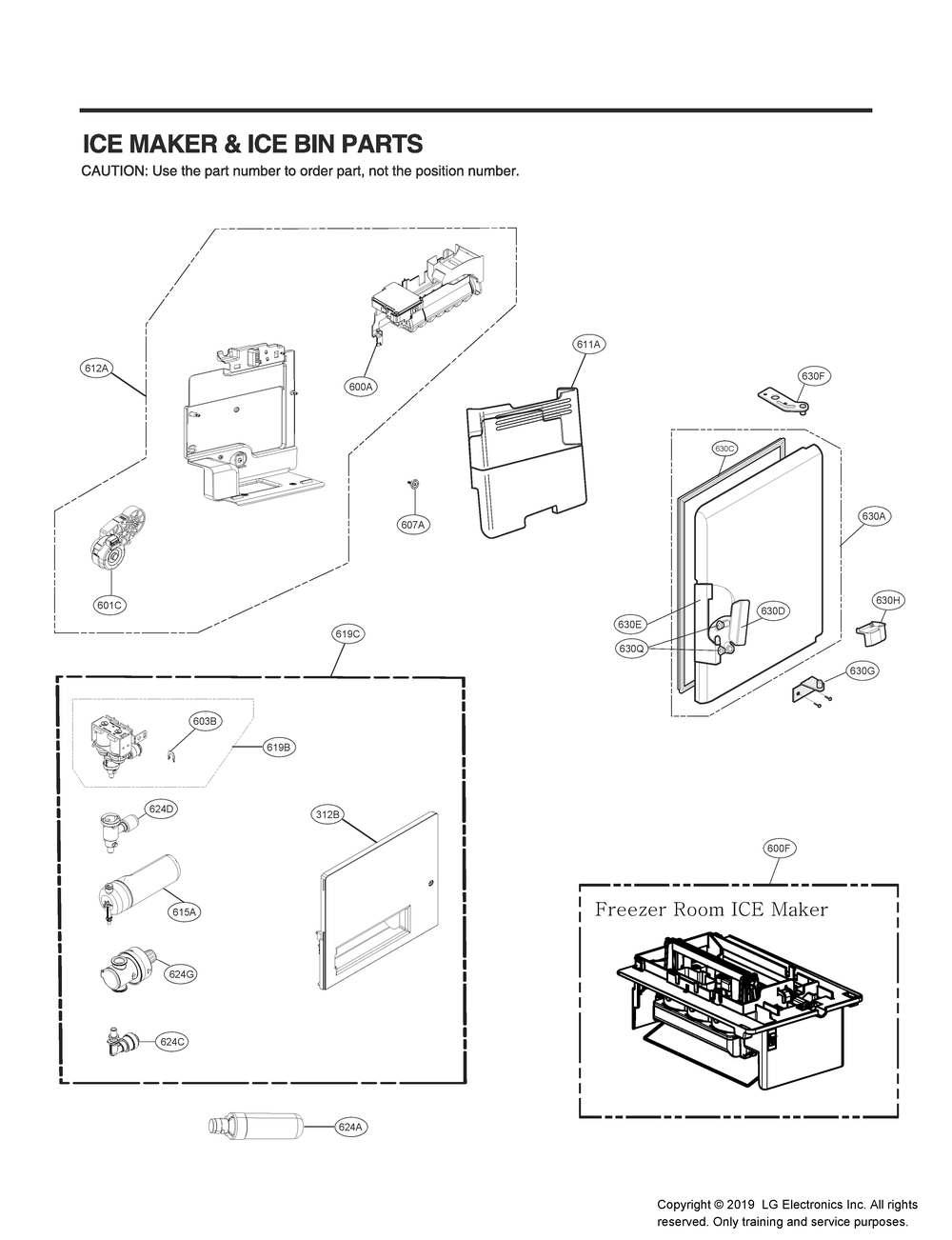 Ice Maker And Ice Bin Parts Diagram and Parts List for GR-J30GMKYM ASBCNA2 LG Refrigerator