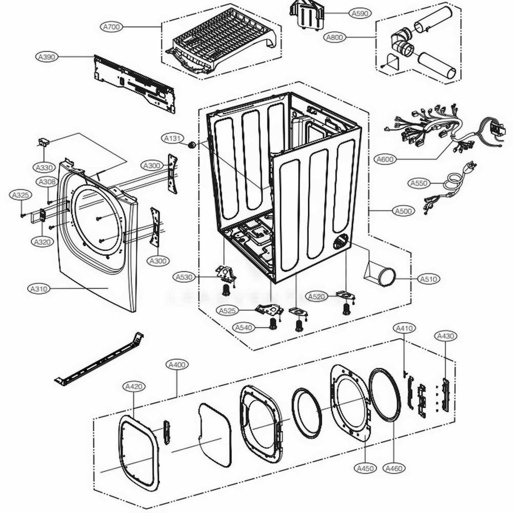 Cabinet And Door Assembly Gas Type Diagram and Parts List for DLGX4271V ASSEEUS LG Dryer