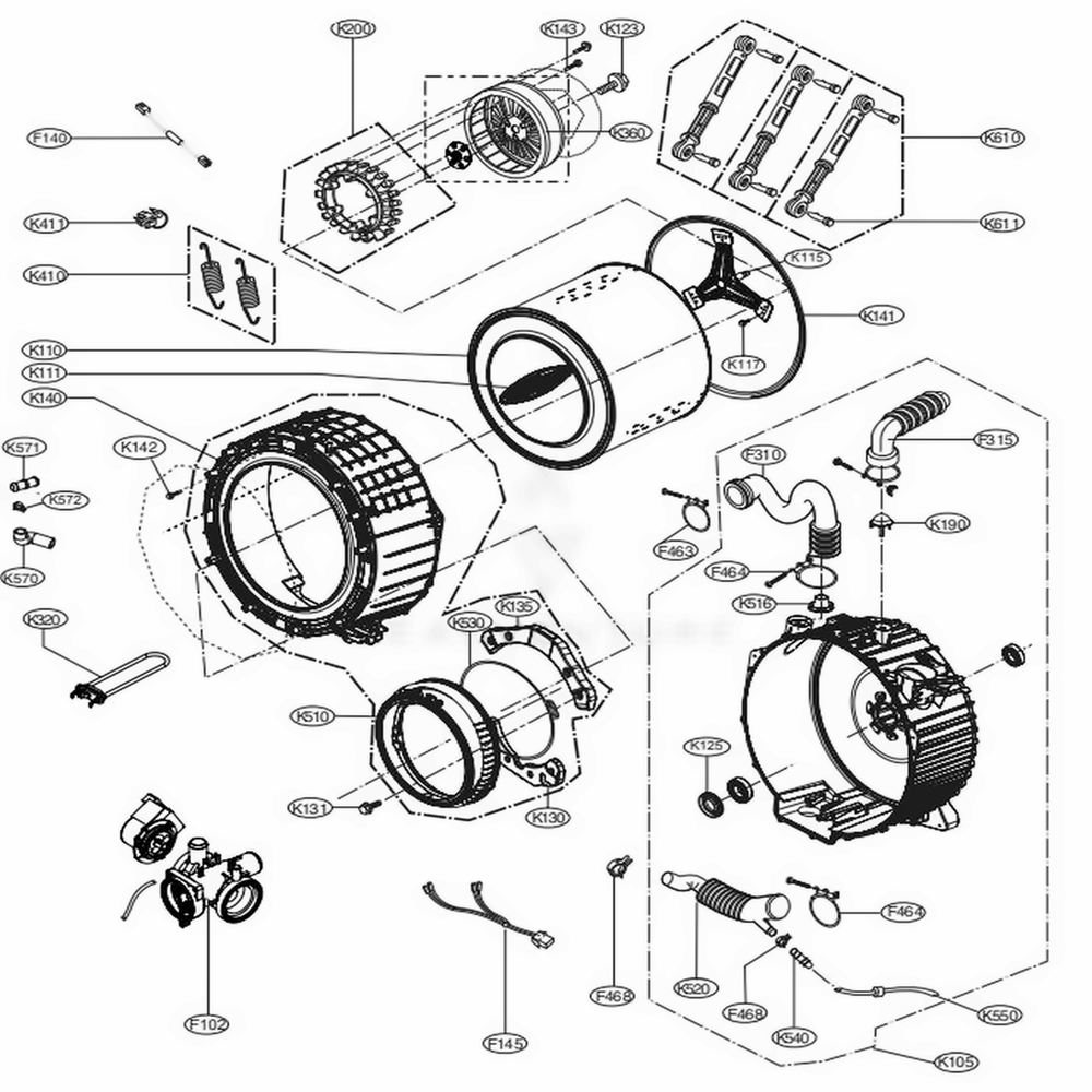 Drum And Tub Assembly Diagram and Parts List for WM3700HRA ACREVUS LG Washer