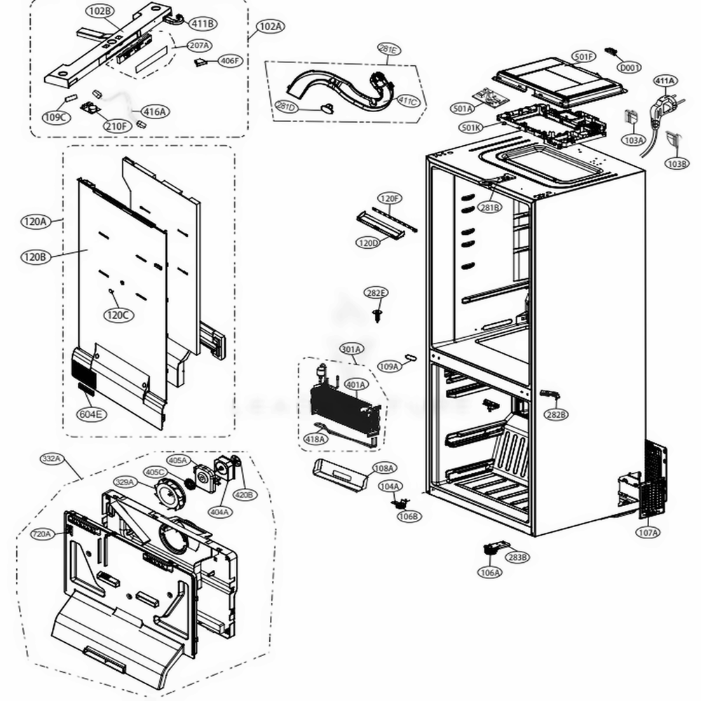 Main Parts 1 Diagram and Parts List for LBNC15231P AMCCNA0 LG Refrigerator
