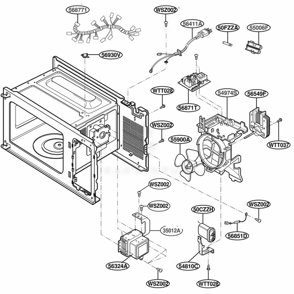Oven Interior Parts 1 Diagram and Parts List for LTM9020W01 CW2ELGA LG Range