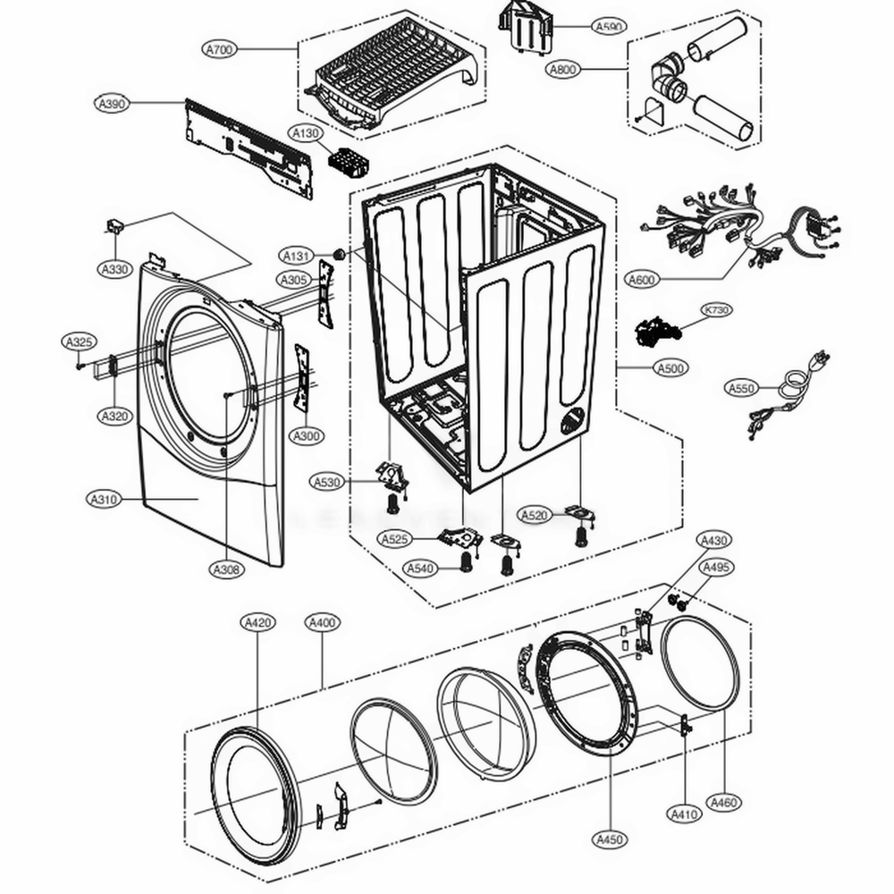 Cabinet And Door Assembly Gas Type Diagram and Parts List for 91563 ASTESEU LG Dryer