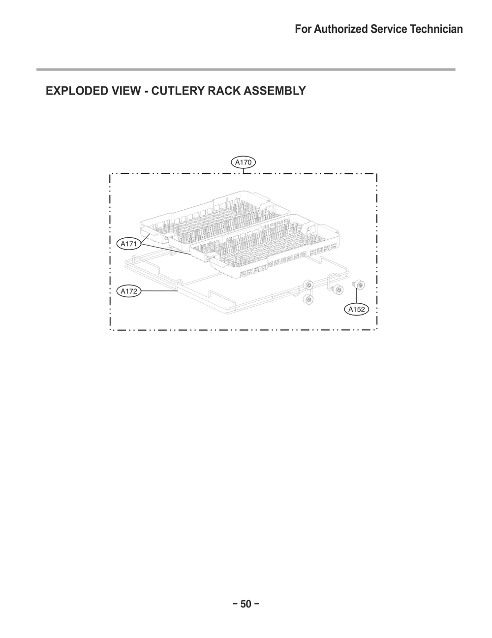 Cutlery Rack Assembly Diagram and Parts List for D1471DBK ABDESEU LG Dishwasher