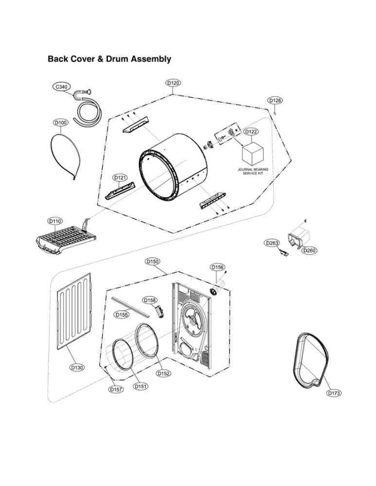 Back Cover And Drum Assembly Diagram and Parts List for DLHC1455V 00 LG Dryer
