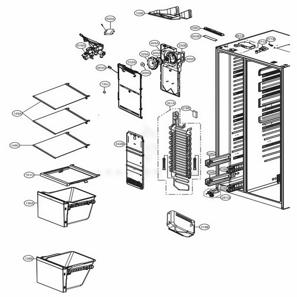 Freezer Compartment Diagram and Parts List for LSXS26326B AWBCNA5 LG Refrigerator