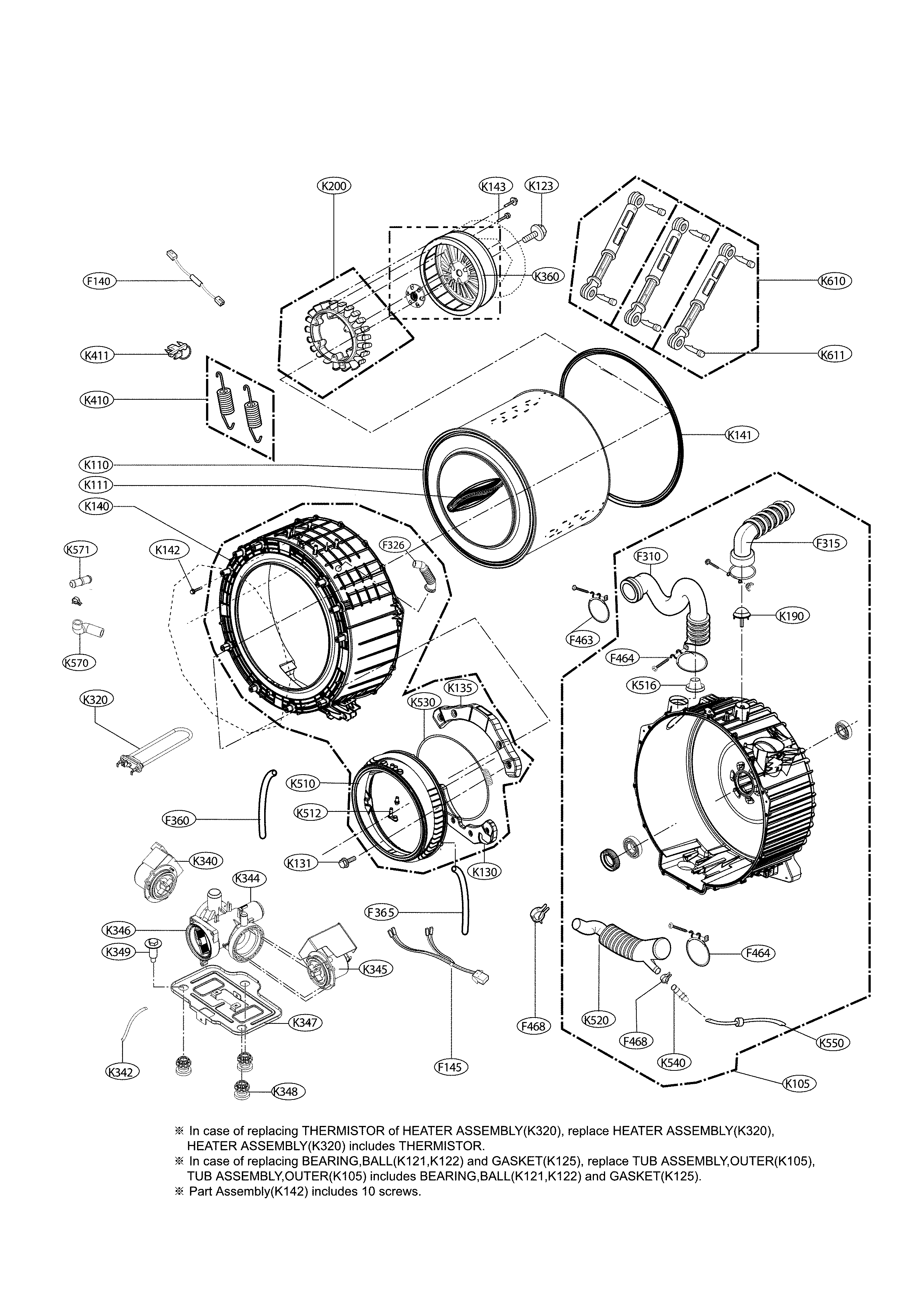 Drum And Tub Parts Diagram and Parts List for 79641302610  Kenmore Washer
