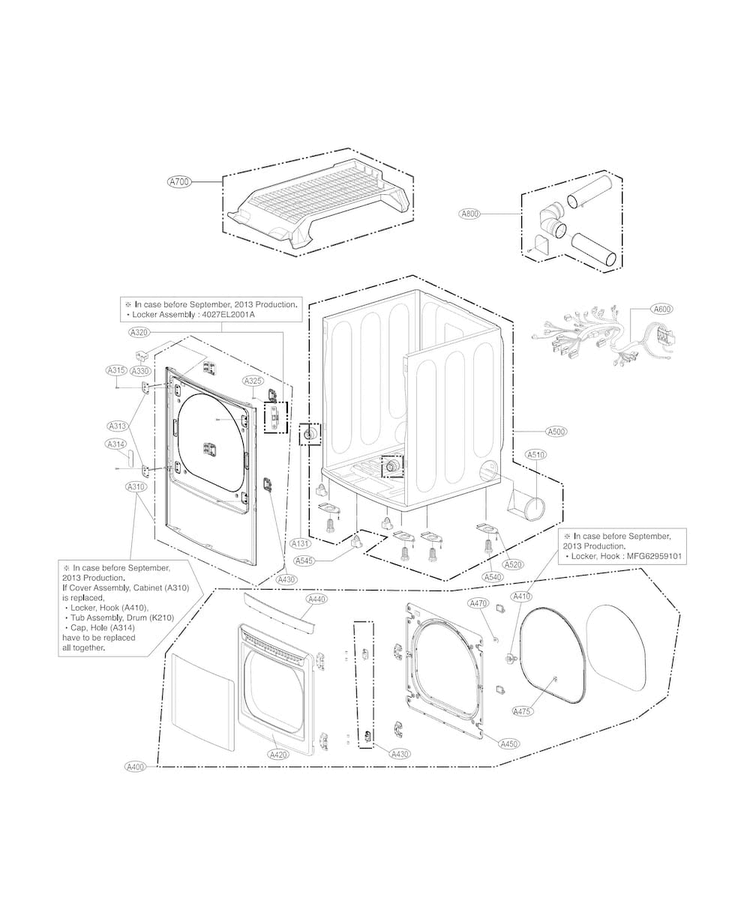 Cabinet And Door Parts Diagram and Parts List for DLEY1701V  LG Dryer